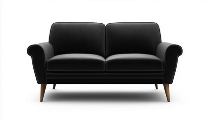 Fototapeta premium A black sofa is isolated on a white background, shown from the front view. The modern, elegant design features a two-seater loveseat couch made of black velvet fabric