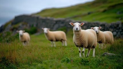 Obraz premium Flock of Sheep Grazing on Green Grass in Rural Landscape Surrounded by Stone Wall and Rolling Hills Under Soft Overcast Sky