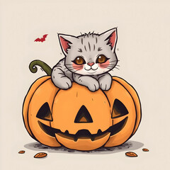 Cute Cat Laying On Pumpkin Halloween Illustration