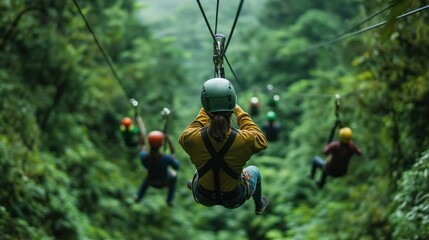 Adventurous family enjoys zip-lining through Costa Rican rainforest canopy. Thrilling eco-tourism activity. Group of travelers experiencing nature adventure. Holiday vacation destination.