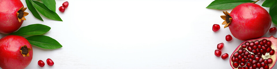 Ripe pomegranates and pomegranate slices with green leaves arranged on white background. Pomegranate wallpaper, banner