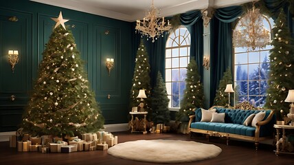 Fototapeta premium A lush evergreen tree is gracefully adorned with exquisite star decorations, creating a mystical atmosphere.