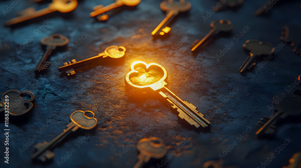 Poster golden heart key surrounded by vintage keys on textured surface with soft light and shadows highligh