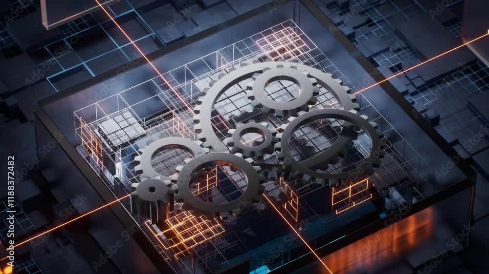 Aufkleber gears with technological circuit background, 3d rendering.