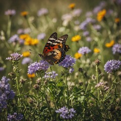 Naklejka premium A butterfly flying through a field of blooming wildflowers in springtime.