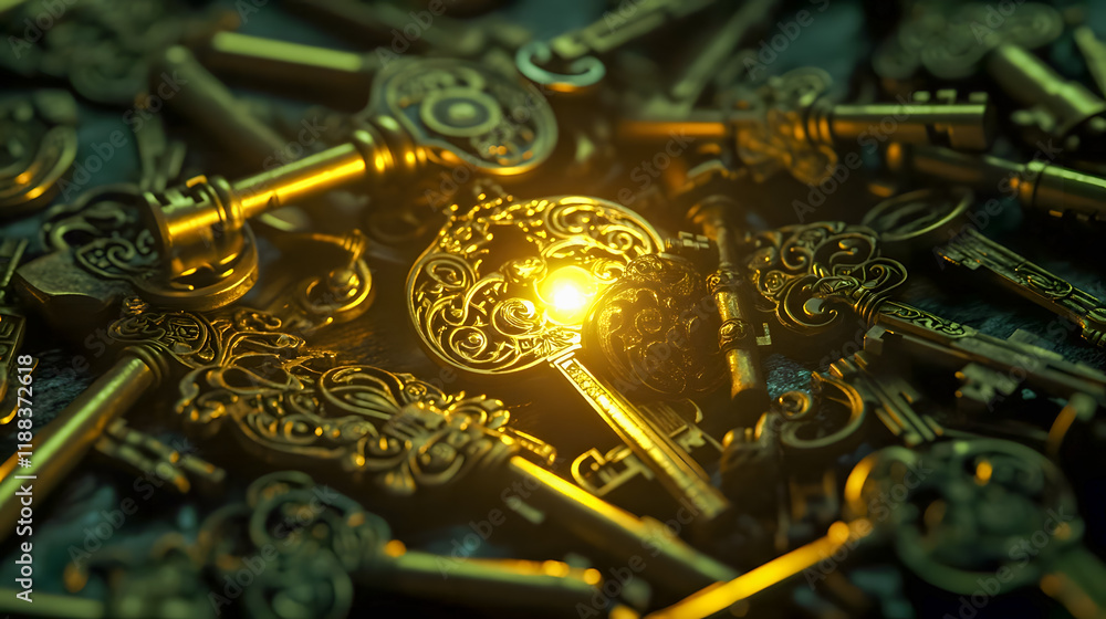 Poster antique keys piled together with a single key illuminated by soft light creating a mystical and enig
