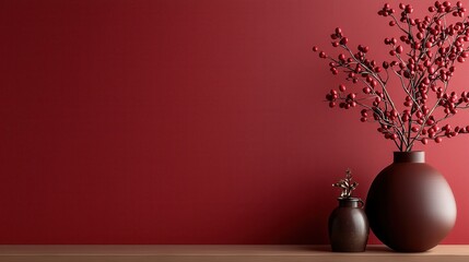 Minimalist Crimson Wallpaper with Decorative Vases and Branches