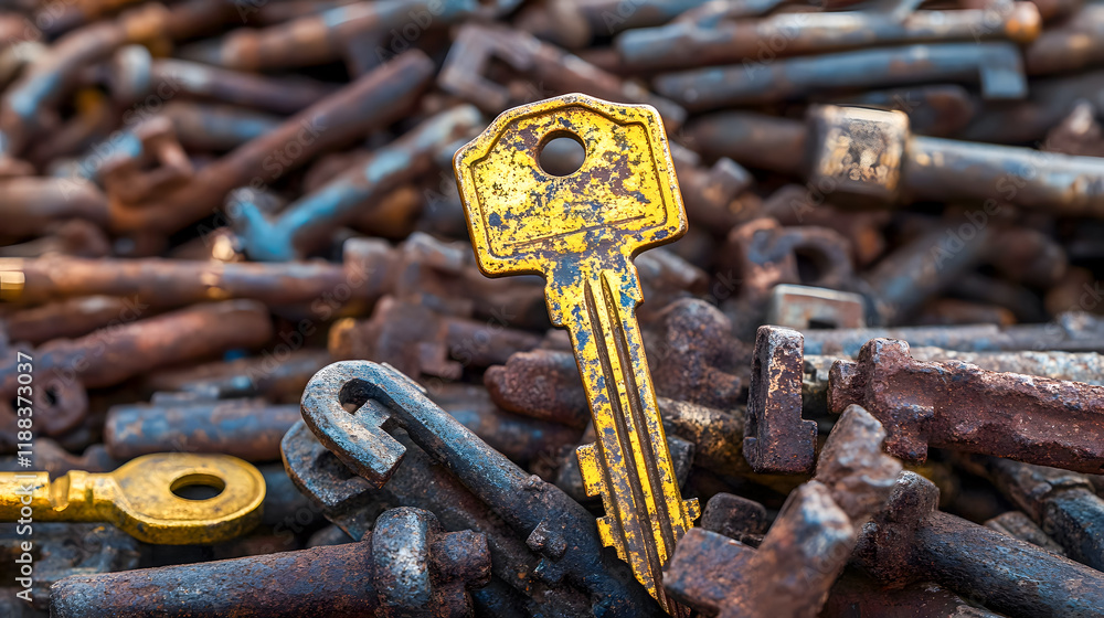 Poster vintage rusty keys with a focus on a unique yellow key in a pile of old metal locking mechanisms fou