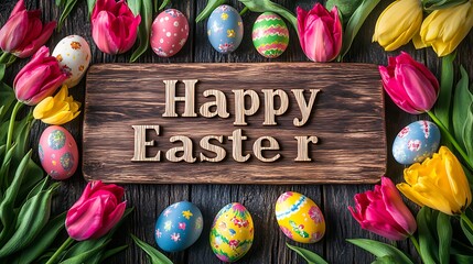 A wooden sign with the words "Happy Easter" carved in it, surrounded by blooming tulips and painted Easter eggs.