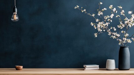 Minimalist Navy Wallpaper with Decorative Flowers and Wooden Table