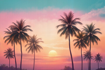Obraz premium Tropical palm trees against a colorful sunset sky