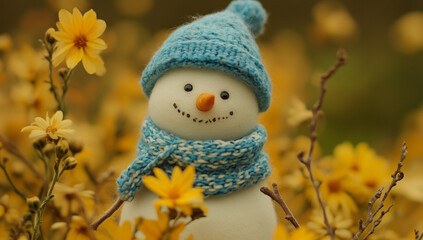Obraz premium A cute snowman made of wool, wearing a blue hat and scarf, surrounded by yellow flowers in the garden. Macro photography in a minimalist style, with high-definition images,