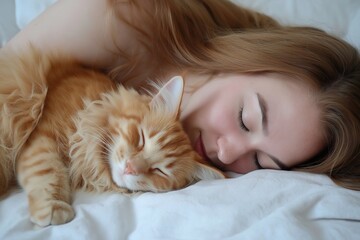 Young Female with Adorable Feline companion Resting on Bed, Cozy and Peaceful Home Environment