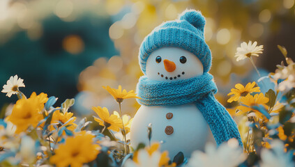 Obraz premium A cute snowman made of wool, wearing a blue hat and scarf, surrounded by yellow flowers in the garden. Macro photography in a minimalist style, with high-definition images,