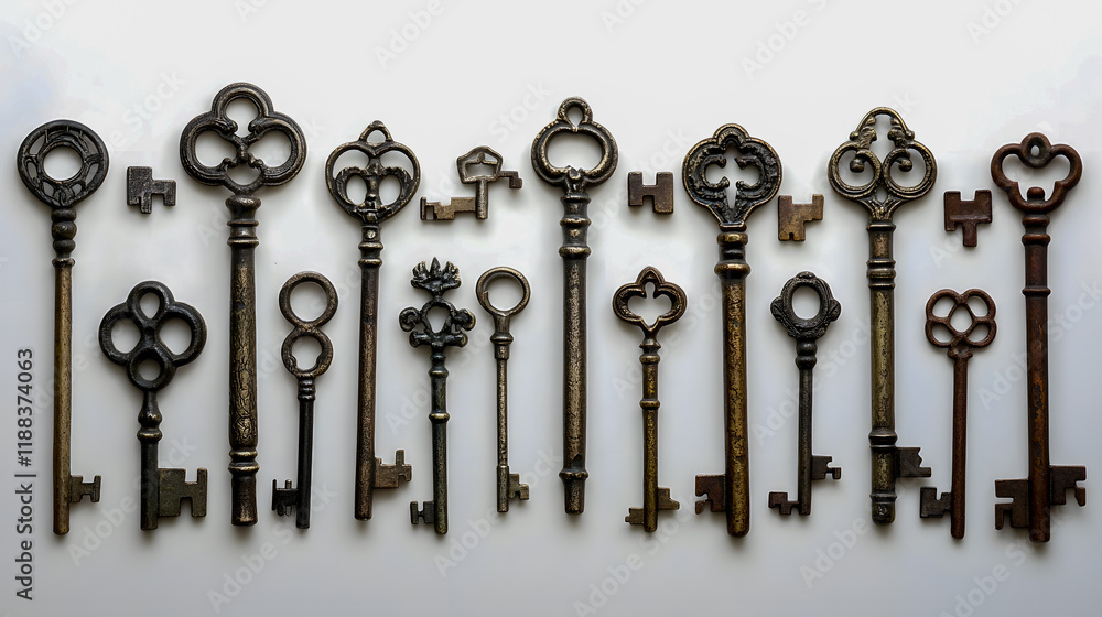 Poster collection of vintage keys with intricate designs and textures displayed on a light background for a