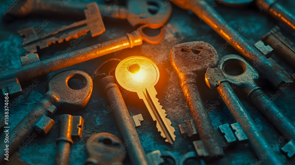 Aufkleber vintage metal keys resting on a rustic surface with one key illuminated, symbolizing unlocking secre