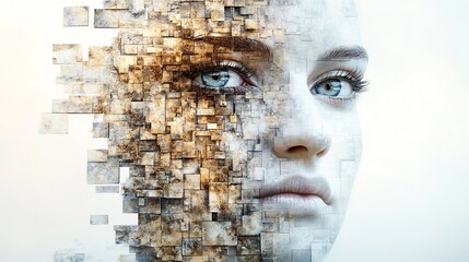 Abstract digital art depicting a woman's face transitioning into fragmented squares and textures.