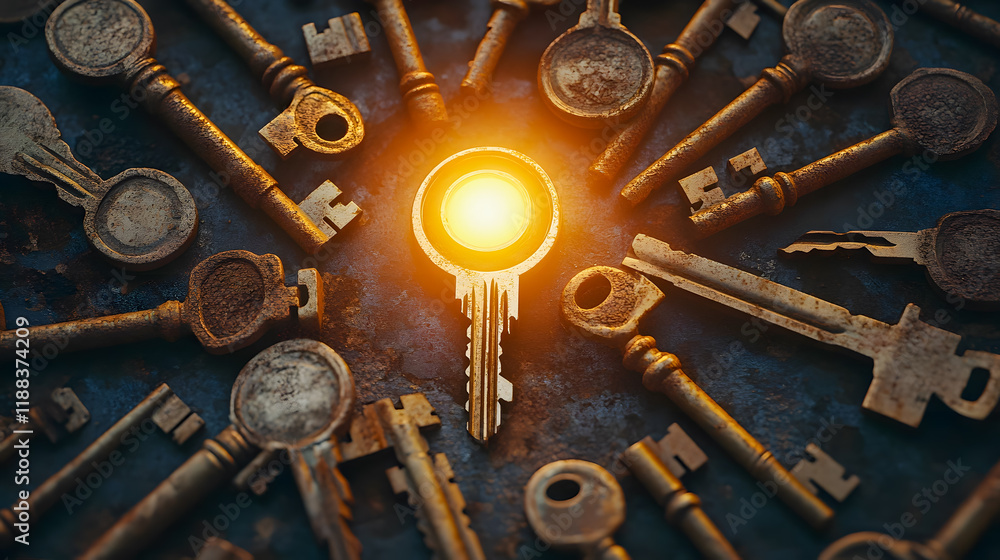 Poster a glowing key surrounded by vintage keys on a dark background symbolizing unlocking secrets and hidd