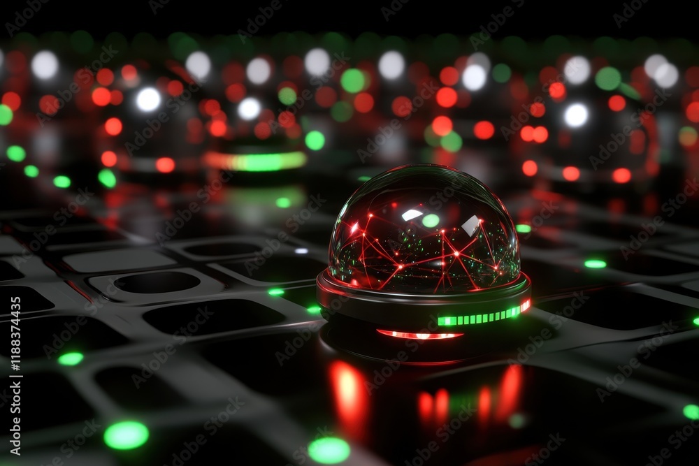 Poster futuristic network grid with glowing orbs displaying red and green light patterns in a dark setting