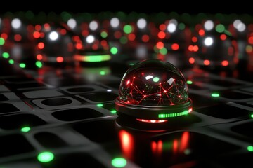 Futuristic network grid with glowing orbs displaying red and green light patterns in a dark setting