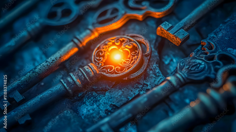 Poster ornate vintage keys lying on a stone surface with glowing element highlighting intricate designs and