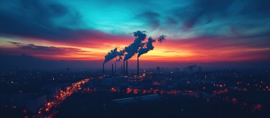 Fototapeta premium Dramatic sunset sky with glowing orange and blue hues over a heavily polluted urban cityscape Towering industrial smokestacks and chimneys emitting thick black smoke