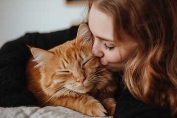 Young Female with Adorable Feline companion Resting on Bed, Cozy and Peaceful Home Environment