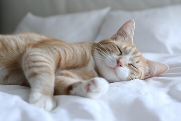 Young Female with Adorable Feline companion Resting on Bed, Cozy and Peaceful Home Environment