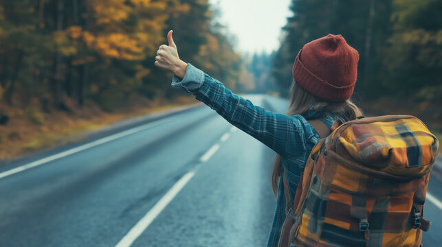 Young woman with backpack on road hitchhiking holding hand with thumb extended showing thumbs-up gesture