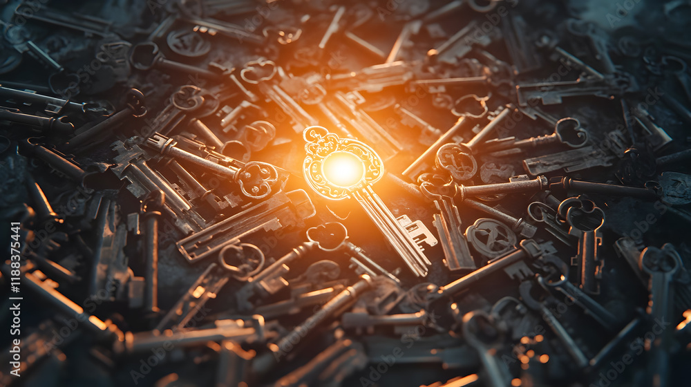 Poster glowing key among vintage keys in dark background with mysterious light highlighting unique key elem