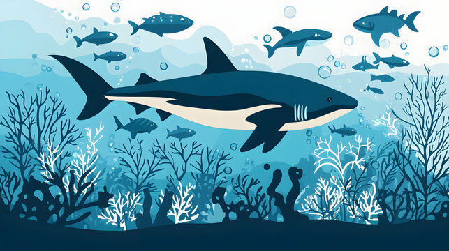 Shark swimming in vibrant coral reef ocean background, underwater scene, marine life illustration for education