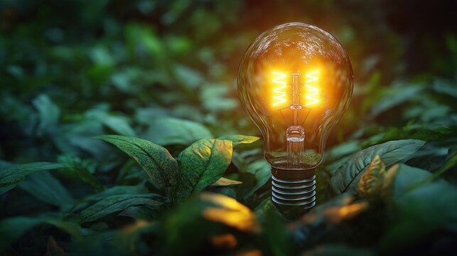 Eco-friendly energy efficiency solution. Illuminated lightbulb surrounded by rich green plants. Industrial sector optimization initiative. Sustainable energy program. Innovation in resource