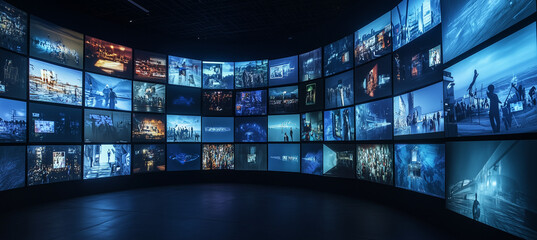 A curved wall of digital screens displaying various television shows and movies, representing the vast variety of content