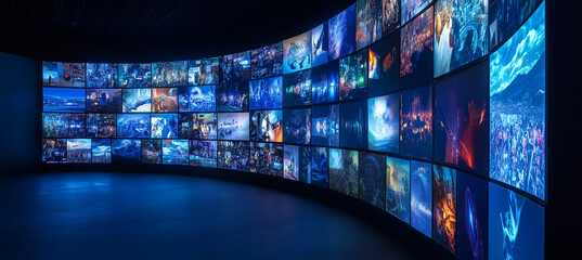 A curved wall of digital screens displaying various television shows and movies, representing the vast variety of content