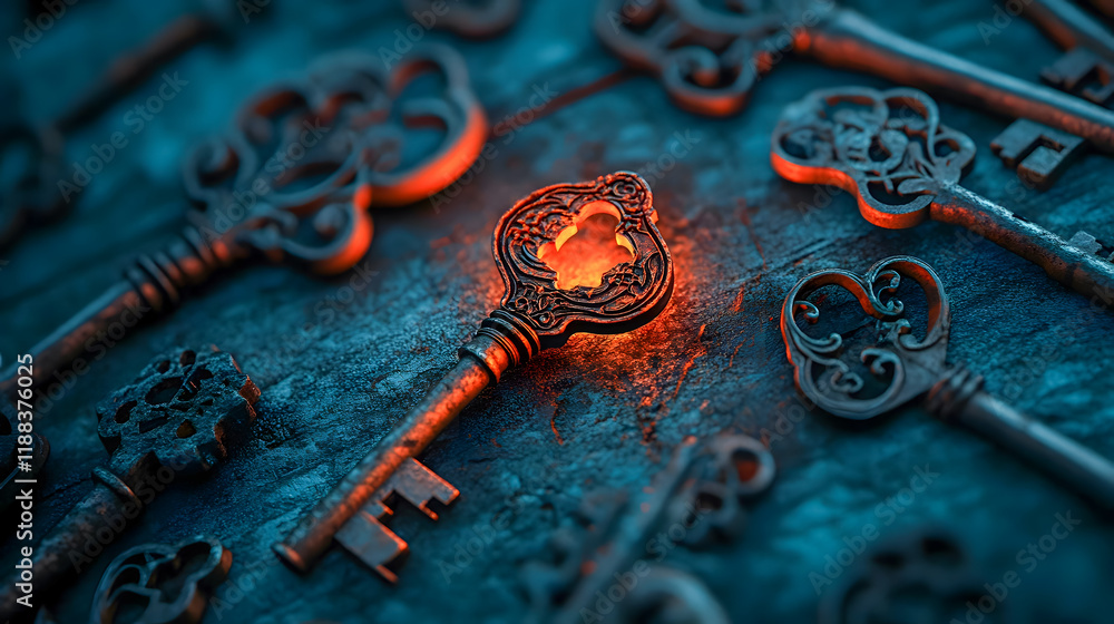 Poster Antique Keys Displayed on Rustic Surface with One Illuminated Key Highlighted with Warm Glow in an Enigmatic, Mysterious Setting