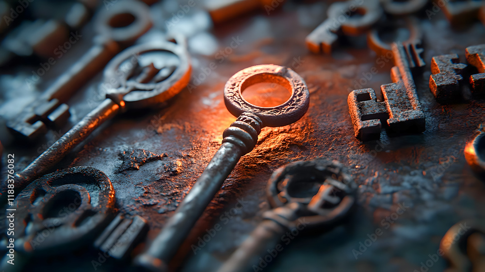 Poster vintage keys on a dark textured surface with warm light highlighting intricate designs and details, 