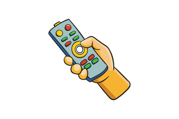 Illustration of a cartoon hand holding a colorful remote control with buttons, isolated on a white background for technology and entertainment concepts