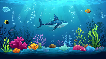 Fototapeta premium Whale shark swims in vibrant coral reef ocean scene, sunbeams illuminating underwater life, perfect for marine conservation posters