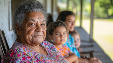 Fototapeta premium A warm moment showcasing a grandmother her grandchildren sharing love connection a porch : Diverse Family Gatherings