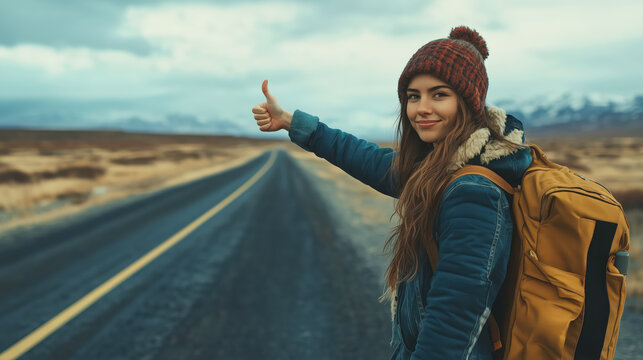 Young woman with backpack on road hitchhiking holding hand with thumb extended showing thumbs-up gesture - Powered by Adobe