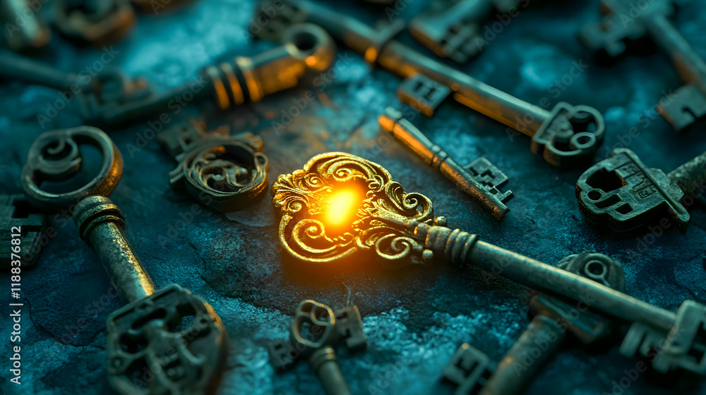 Poster intricate vintage keys with keyhole and glowing element on textured surface, symbolizing mystery and