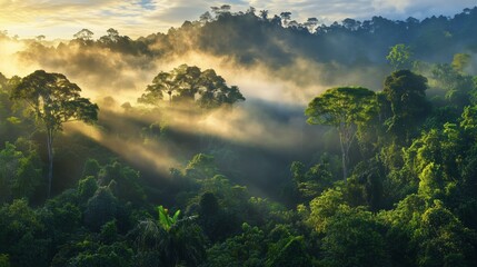 A lush green forest with trees and a misty atmosphere. The sun is shining through the trees, creating a beautiful and serene scene