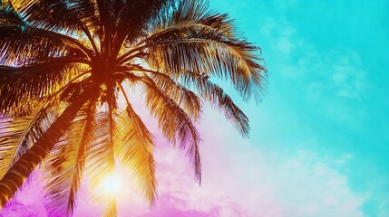 Colorful palm tree silhouette against a bright sky.