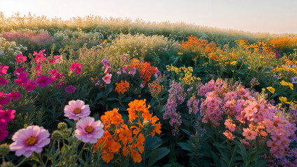 Obraz premium Field of colorful wildflowers illuminated by soft evening light.