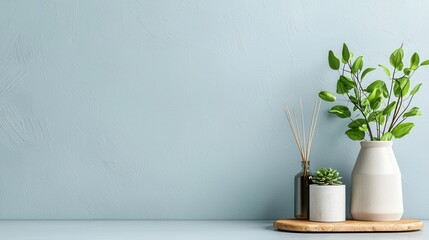 Delicate Pastel Blue Wallpaper with Greenery for a Calm Atmosphere