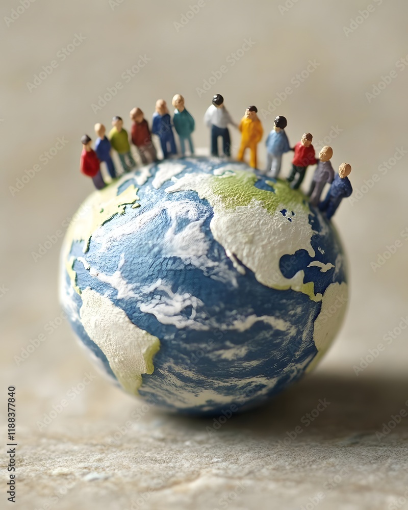 Poster miniature figures standing on a globe, symbolizing global unity and diversity.