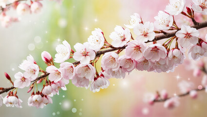 Naklejka premium Beautiful cherry blossom branch blooming in spring with sparkling lights