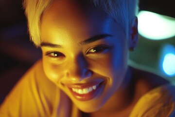 Commercial marketing layout art. Short hairdo - blond hair. Pretty smiling mixed-race girl - for ads, ad page and social apps use. Artistic concept. Trendy short hair ads. Hair focus campaig.