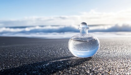 Oceanside Serenity: A Glass Bottle of Water on a Black Sand Beach under a Clear Blue Sky