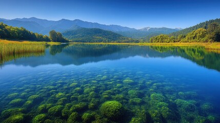 Naklejka premium Mountain lake reflection with clear water and algae in fall.